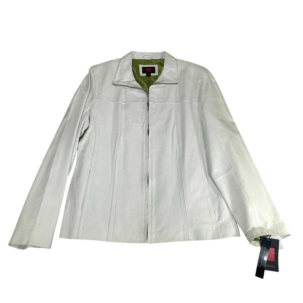 Gallery White Genuine Leather Jacket Women Large Full Zip Lime Green Lining